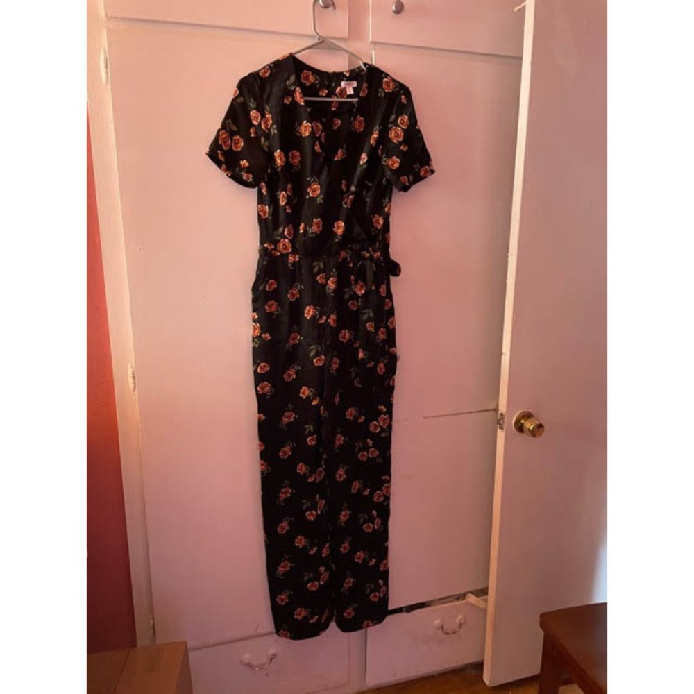 xhilaration jumpsuit, black w/flowers, wide legs